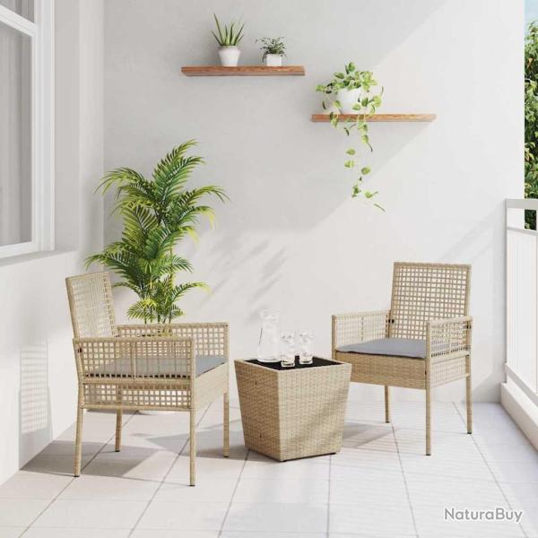 Ensemble de Bistro de Jardin 3 Pices avec Coussins Beige en Poly Rattan