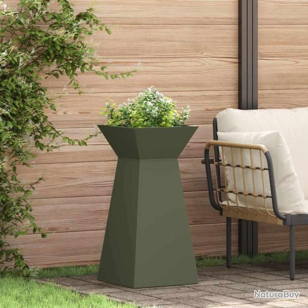 Pots de jardin en forme de pilier , 2 pi�ces, avec bol vert olive, dimensions 35x35x73 cm, en acier.