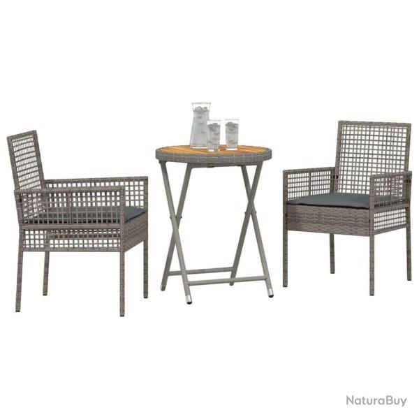 Ensemble Bistro de Jardin 3 Pi�ces avec Coussins Gris en Poly Rattan