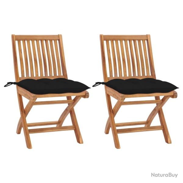 Chaises de jardin lot de 2 et coussins noir Bois de teck massif
