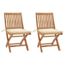 Chaises de jardin lot de 2 et coussins cr&egrave;me Bois teck massif
