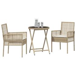 Ensemble de Bistro de Jardin 3 Pi&egrave;ces avec Coussins Beige en Poly Rattan