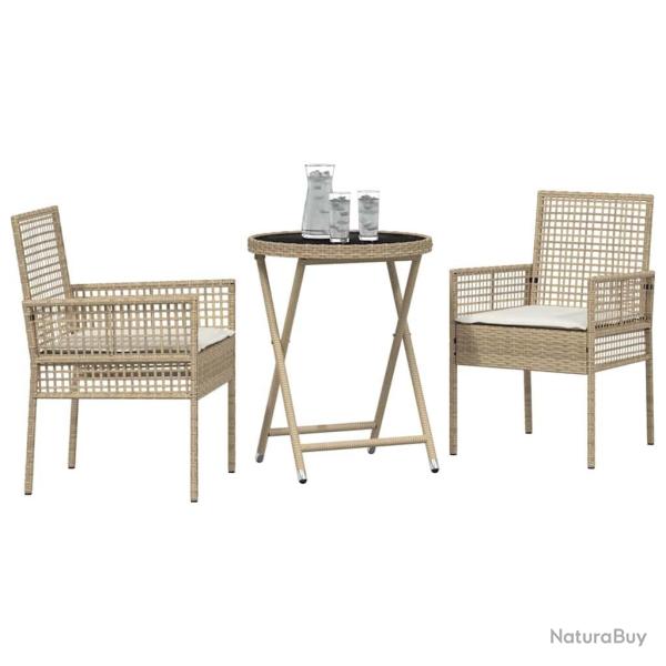 Ensemble de Bistro de Jardin 3 Pi�ces avec Coussins Beige en Poly Rattan