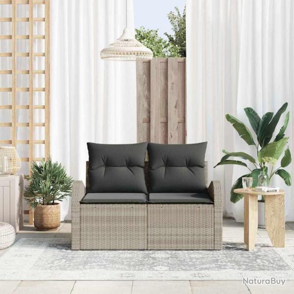 Canap� de jardin 2 places avec rangement et coussins gris clair en rattan poly