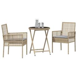 Ensemble Bistro de Jardin 3 Pi&egrave;ces avec Coussins Beige en Poly Rattan