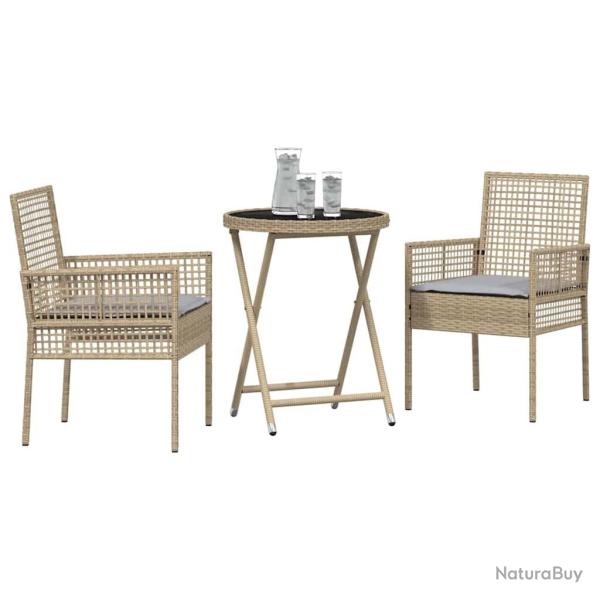 Ensemble Bistro de Jardin 3 Pi�ces avec Coussins Beige en Poly Rattan