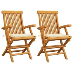 Chaises de jardin avec coussins cr&egrave;me lot de 2 Bois teck massif