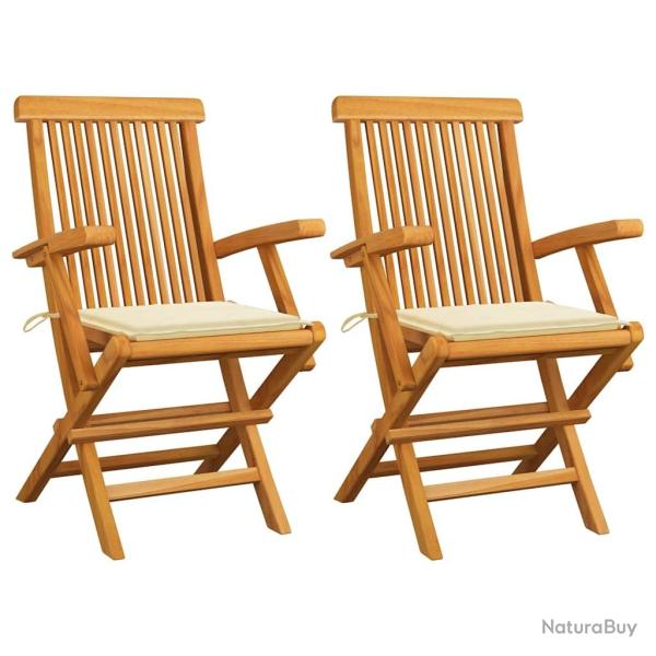 Chaises de jardin avec coussins cr�me lot de 2 Bois teck massif