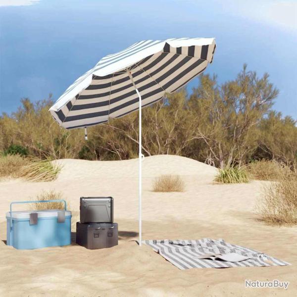 Parasol de plage avec poteau en mtal bleu et blanc 161 x 193 cm en polyester.