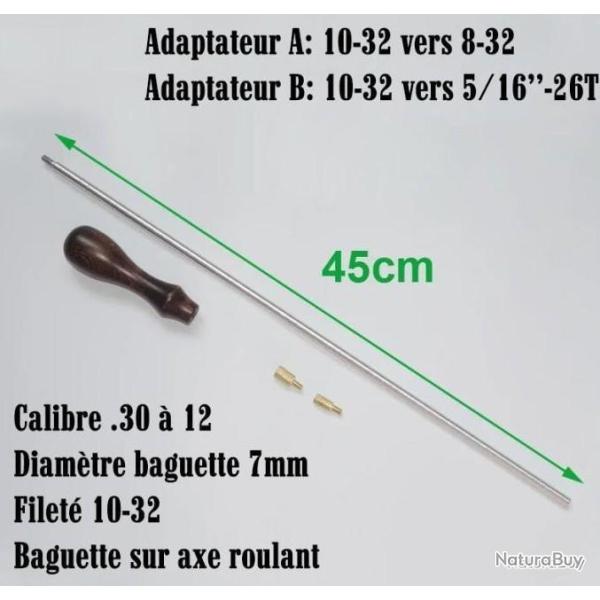 Baguette de nettoyage 45cm avec poign�e en bois et 2 adaptateurs - LIVRAISON GRATUITE
