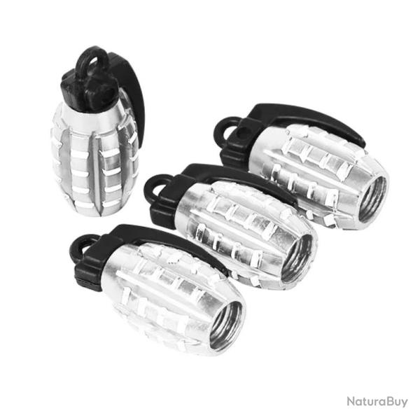 Lot de 4 bouchons de valve "grenades"- moto/v�lo/voiture - argent - LIVRAISON GRATUITE