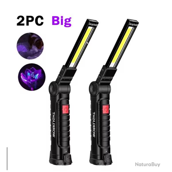 2X Lampe UV 395nm Rechargeable Magntique Pliable + Crochet 3 Modes Dtection Animaux Rsine Large