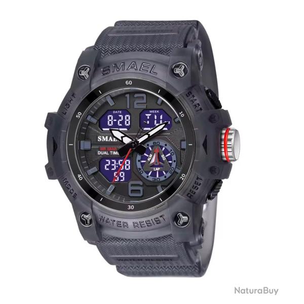 Montre militaire homme Quartz sport analogique numrique tanche 50M rveil lumire robuste Gris