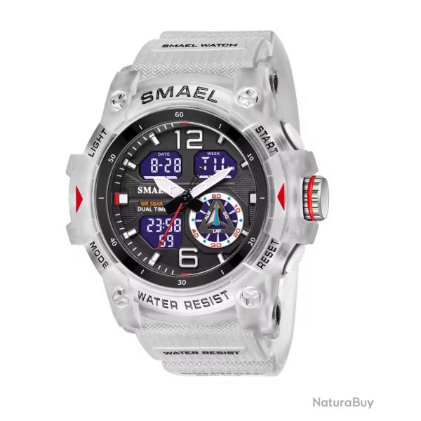Montre militaire homme Quartz sport analogique numrique tanche 50M rveil lumire robuste Blanc