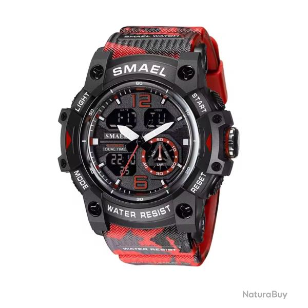 Montre militaire homme Quartz sport analogique numrique tanche 50M rveil robuste Camo Rouge