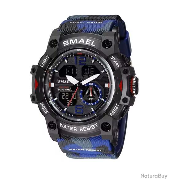 Montre militaire homme Quartz sport analogique numrique tanche 50M rveil robuste Camo Bleu
