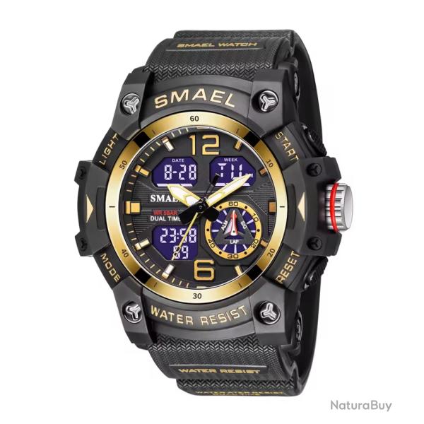 Montre militaire homme Quartz sport analogique numrique tanche 50M rveil robuste Noir et Or