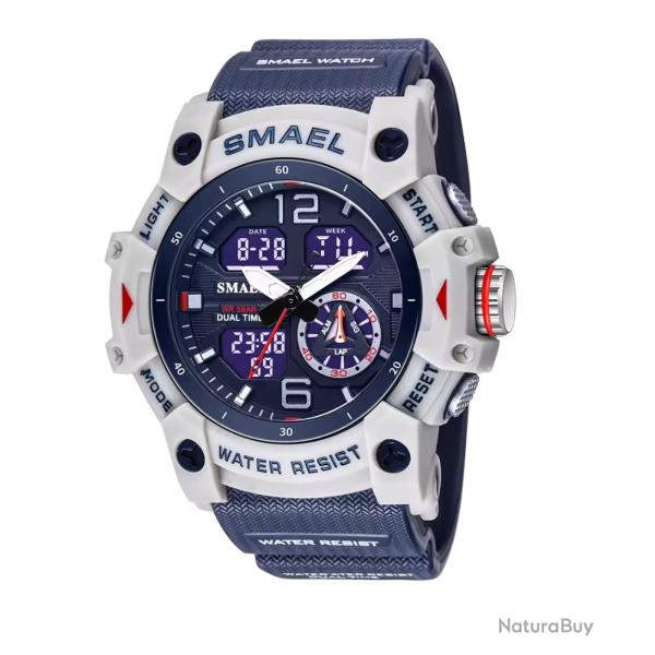 Montre militaire homme Quartz sport analogique numrique tanche 50M rveil robuste Bleu et Blanc