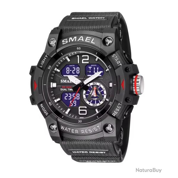 Montre militaire homme Quartz sport analogique numrique tanche 50M rveil robuste Noir
