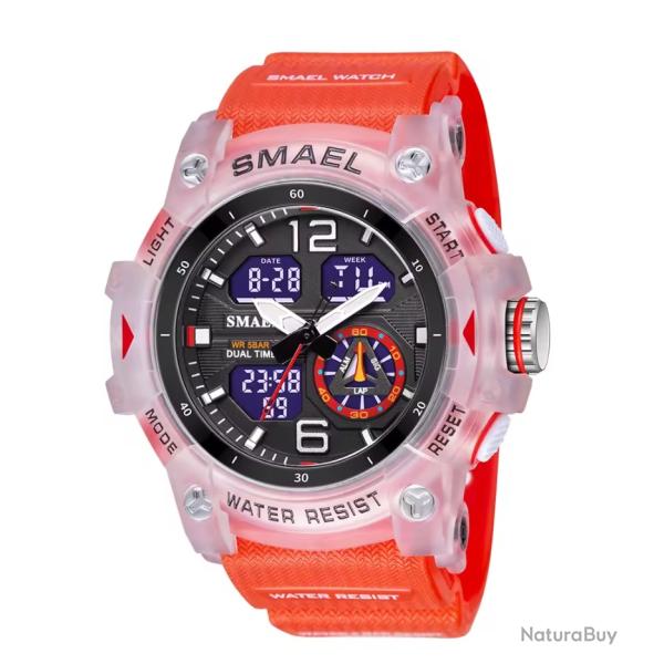 Montre militaire homme Quartz sport analogique numrique tanche 50M rveil robuste Rouge