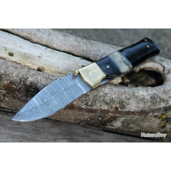 Beau Couteau Damas Lame Drop Point 128 Couches Manche B�lier & R�sine Fabric Artisanale Linerlock 02