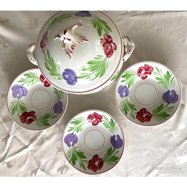 Ensemble soupire et 3 assiettes de Sarreguemines 19/ 20 eme sicle