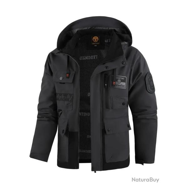 Manteau veste homme L noir chaud � capuche randonn�e chasse p�che hiver polyester