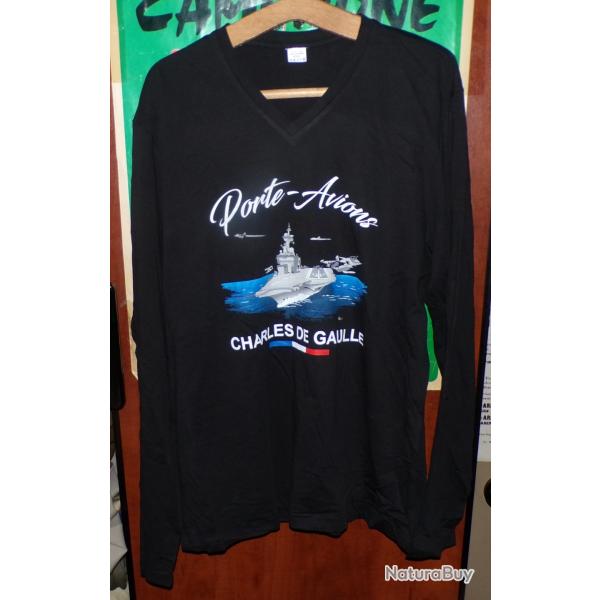 TEE SHIRT CHARLES DE GAULLE PORTE AVIONS , NOIR A MANCHES LONGUES  ,TAILLE DISPONIBLE XXL ,  NEUF VO