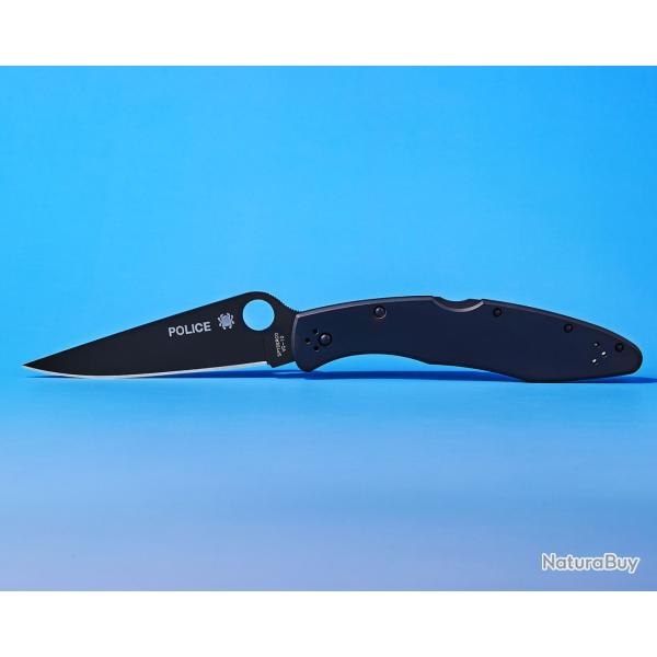 Couteau Spyderco Police Black Lame Acier VG10 Manche Acier Inox Noir Lockback Made Japan SC07BKP