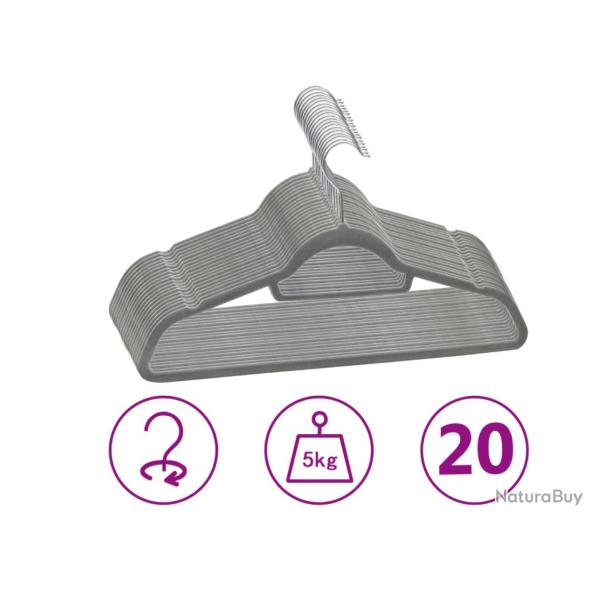 Cintres antiderapants 20 pcs gris 44,5 x 0,6 x 23,5 cm plastique zinc velours rangement pratique