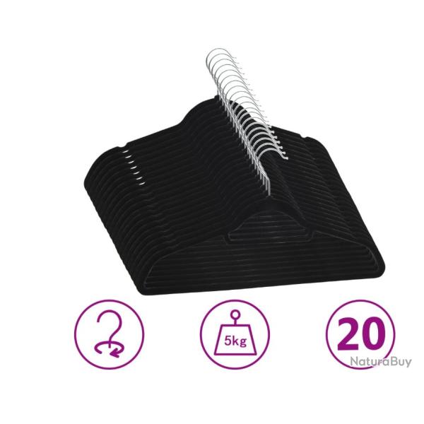 Cintres antiderapants 20 pcs noir 44,5 x 0,6 x 23,5 cm plastique zinc velours rangement pratique