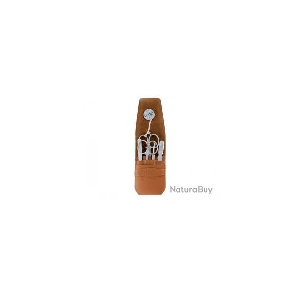 Pochette manucure ALPEN, cuir tabac, 5 pices inox satin