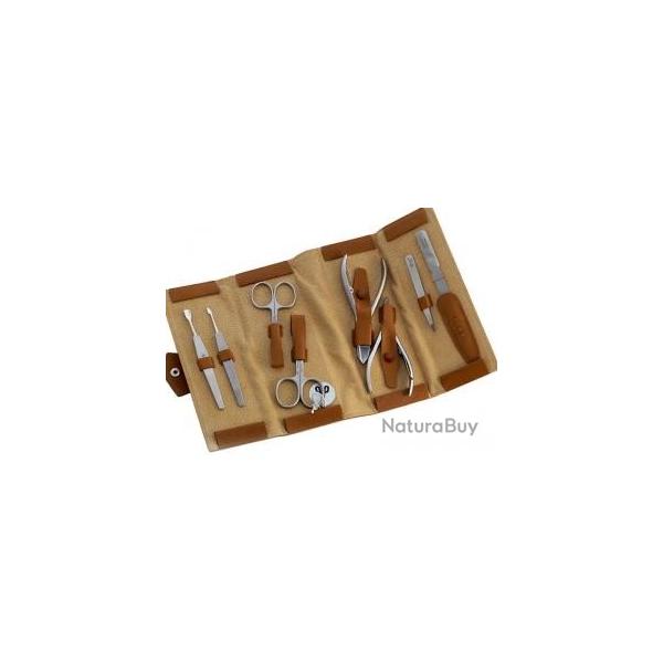 Trousse manucure  enrouler ALPEN, cuir tabac  fermeture pression, 8 pices inox satin