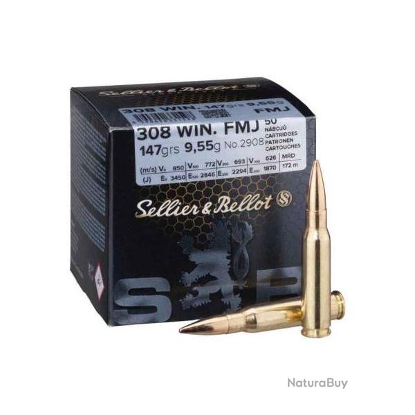 Cartouches Sellier & Bellot FMJ calibre 308 Win 147grs / 9.55g x50