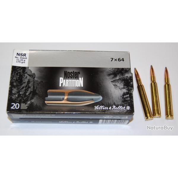 Cartouches Sellier & Bellot calibre 7X64 NOSLER PARTITION 175grs 11.35g x20