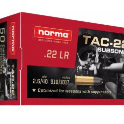 Cartouches NORMA calibre 22LR SUBSONIC 40gr 315 M/S x50