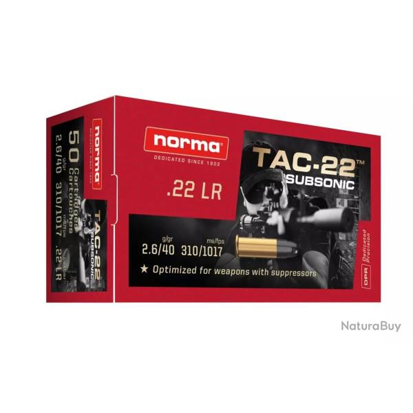 Cartouches NORMA calibre 22LR SUBSONIC 40gr 315 M/S x50