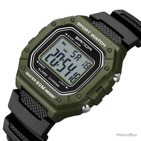 Montre Tactique Num�rique Robuste Kaki - Digitale, Anti-Choc, Sport, Outdoor, Chasse, P�che, Rando