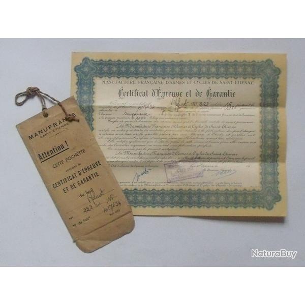 MANUFRANCE St-ETIENNE Certificat preuve et garantie 1958 dans pochette d'origine: fusil ROBUST 16