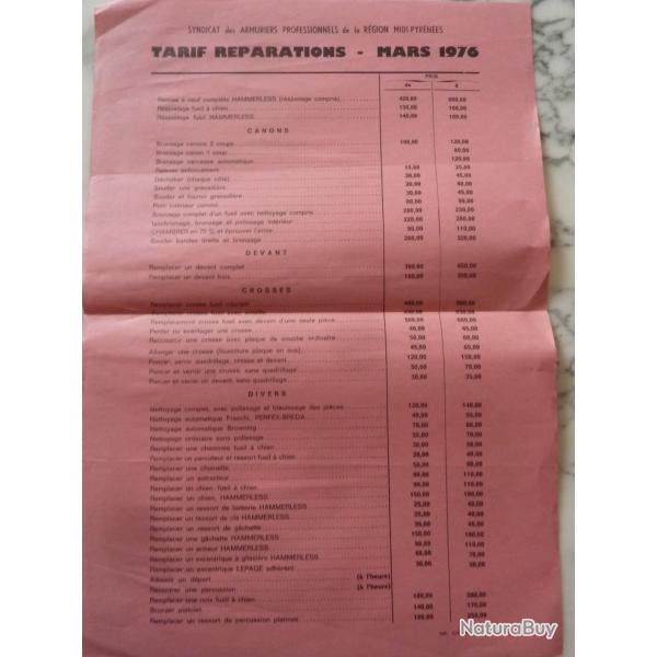 Affiche tarif armurier  mars 1976
