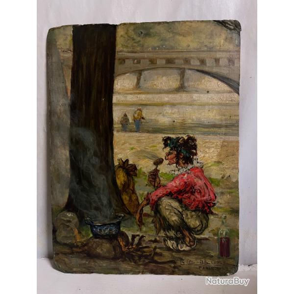 Gaston le Beuze  huile sur panneauLe cordon bleu sous les ponts de Paris
