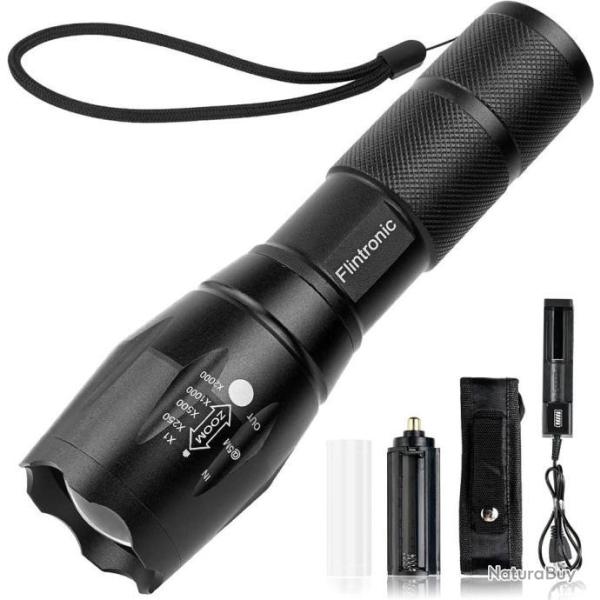 Lampe Torche LED Puissante 3500 Lumens tanche IPX6 Chargeur USB et Holster 5 Modes Zoom