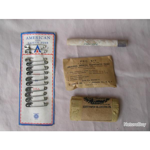 WW2 US LOT DE 4 �L�MENTS M�DICALES/HYGI�NES MILITAIRES AM�RICAINS 39-45 PAPIER STYLO SHAVE ..LOT 4