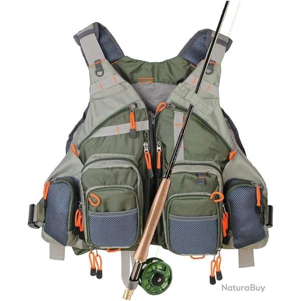 Gilet de Pche  La Mouche 17 Poches Rglable Taille Unique Diffrents Types de Pche Rivire Kayak