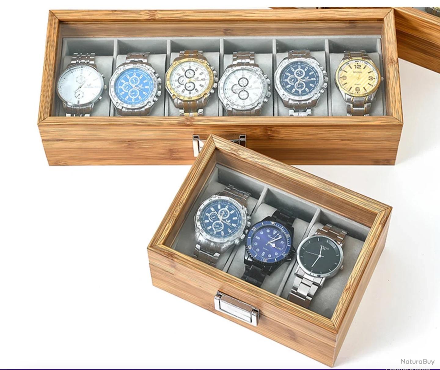 Coffret à Montres En Bambou - Boîte Rangement Pour 6 Montres, Vitrine En Bois Naturel, Couleur Beige