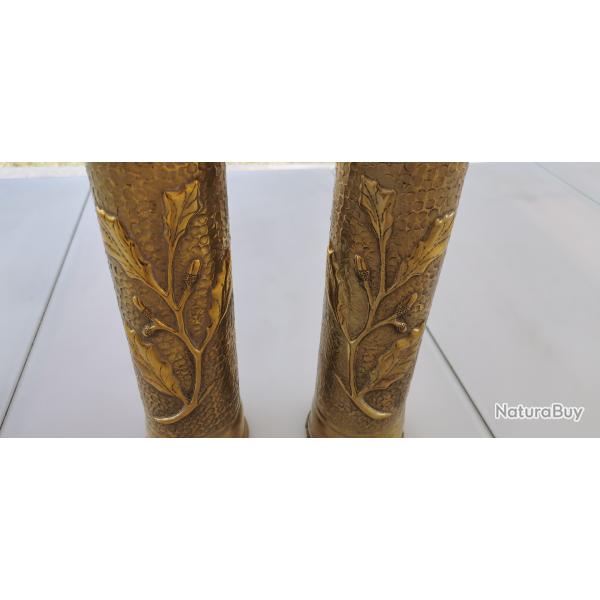 Paire de vases artisanat de tranch�es de 14-18, inscription "souvenir pour Mr Mal FOUCHER 1912"