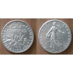 France 50 Centimes 1918 Semeuse Piece Argent Centime