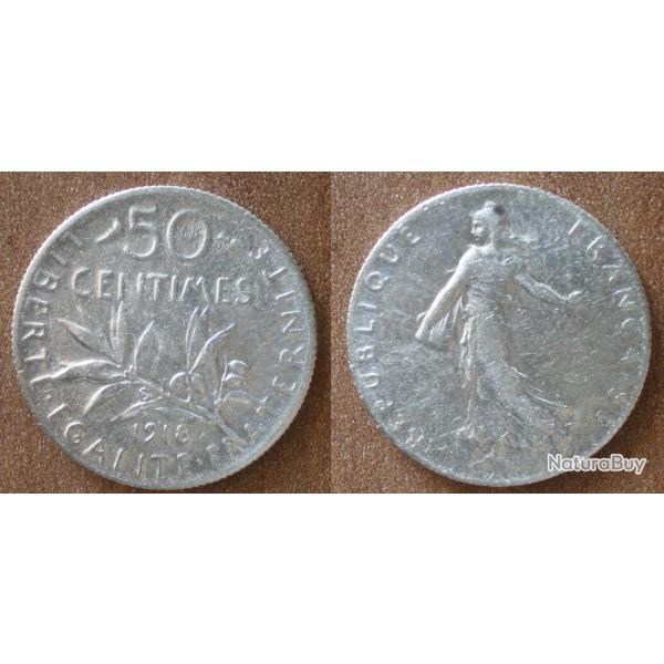 France 50 Centimes 1918 Semeuse Piece Argent Centime