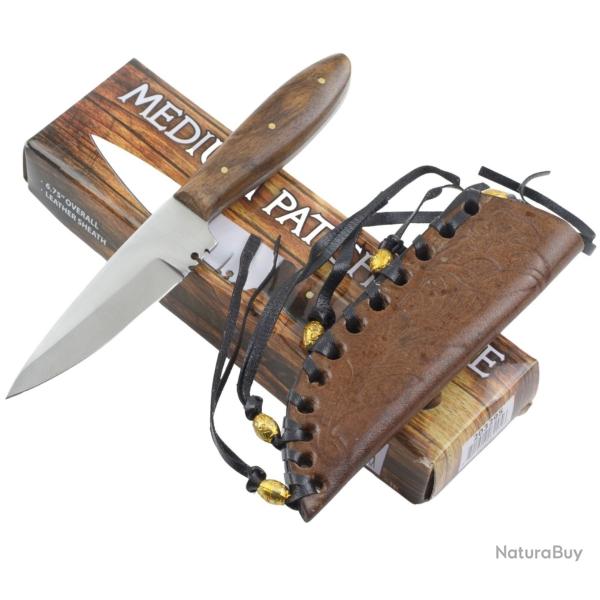 Couteau De Trapeur Style Western Lame Acier Inox Manche Bois Etui Cuir PA3295