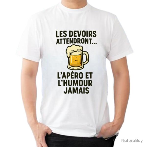 Tee-shirt humoristique "Les devoirs attendront... L'ap�ro et l'humour jamais"